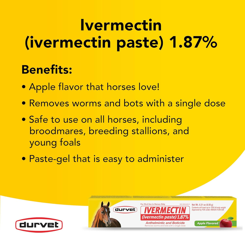 Durvet Ivermectin Horse Wormer Apple Flavor Broad Spectrum Equine Dewormer 24PCK