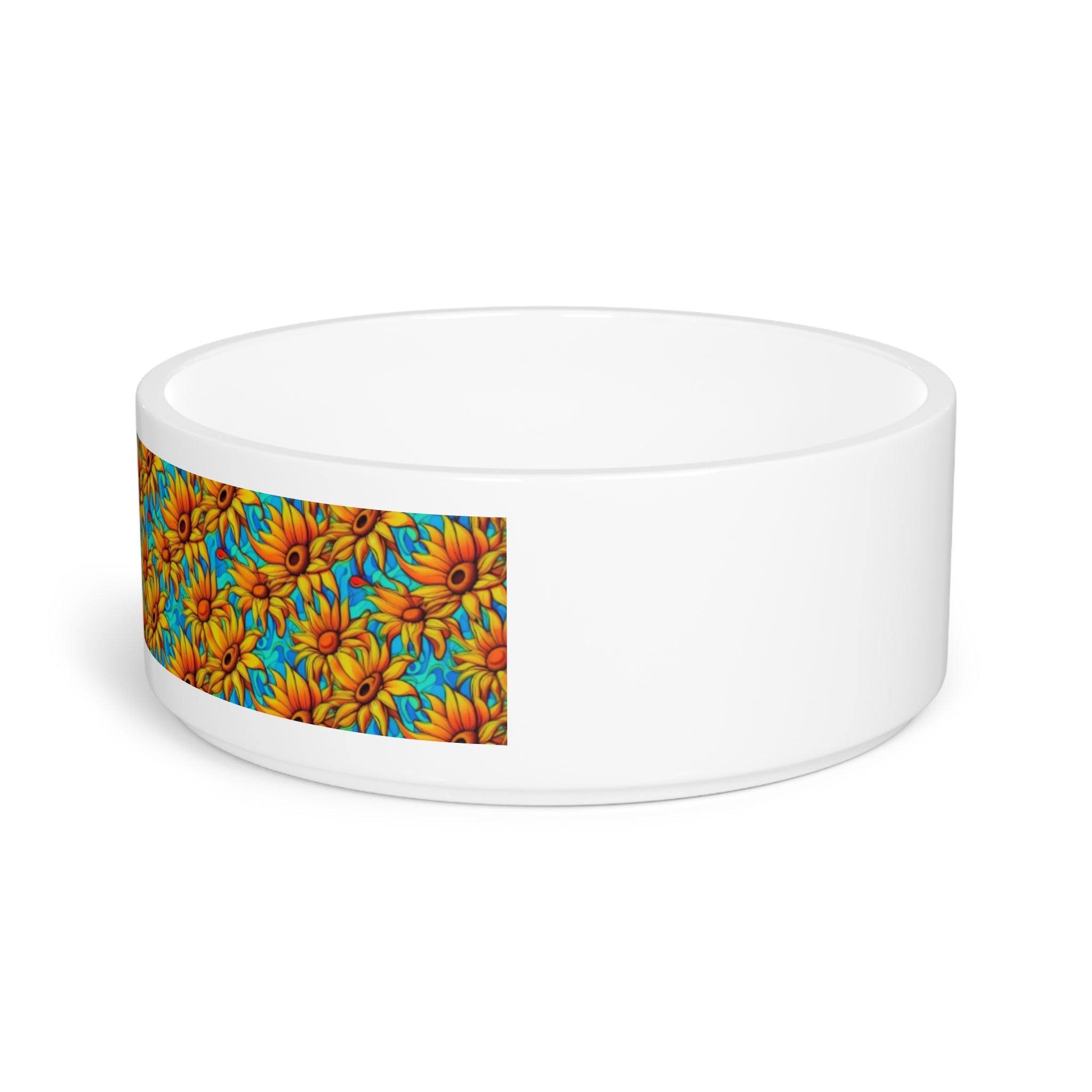 Sunflower Kaleidoscope on Turquoise Waves - Pet Bowl
