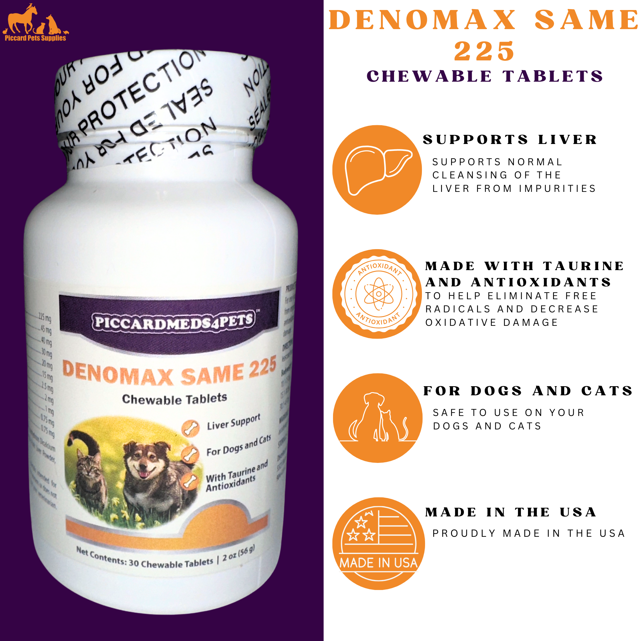 Piccardmeds4pets Denomax SAMe 225mg Dogs & Cats Liver Support 30 Count