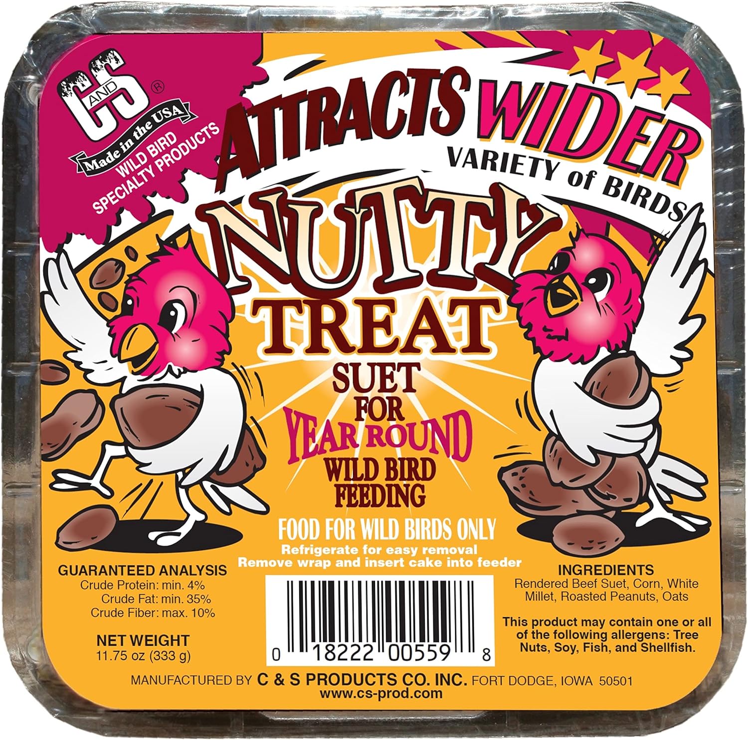 C&S Nutty Suet Treat 11.75 oz Wild Bird Suet Cake Seeds & Nuts Year-Round