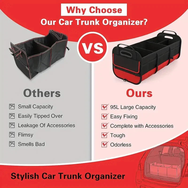 Universal Large Trunk Organizer For Car, Collapsible Multi Compartment Trunk Storage Bag With 2 Retractable Straps