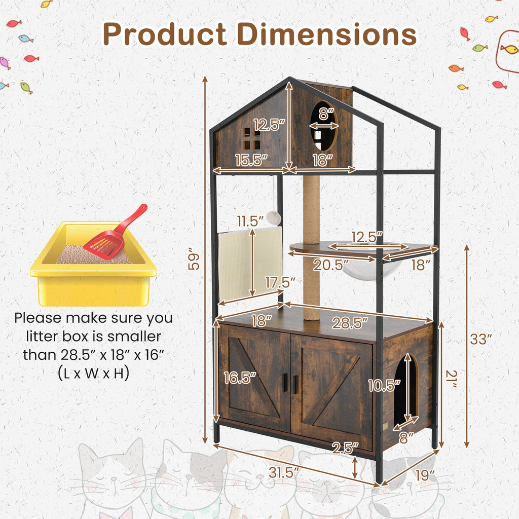 Cat Tree with Litter Box Enclosure Industrial Cat Tower Multi-level Cat Condo Furniture for Indoor Cats-Rustic Brown