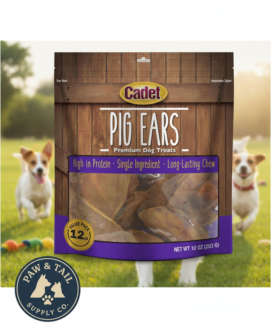 Cadet Natural Pig Ears for Dogs 12 Pack 100% Pork Oven Roasted Dental Chews