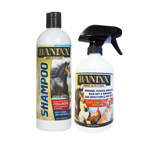Banixx Shampoo & Spray 16 oz – Horse & Dog Skin & Coat Care Combo – USA Made