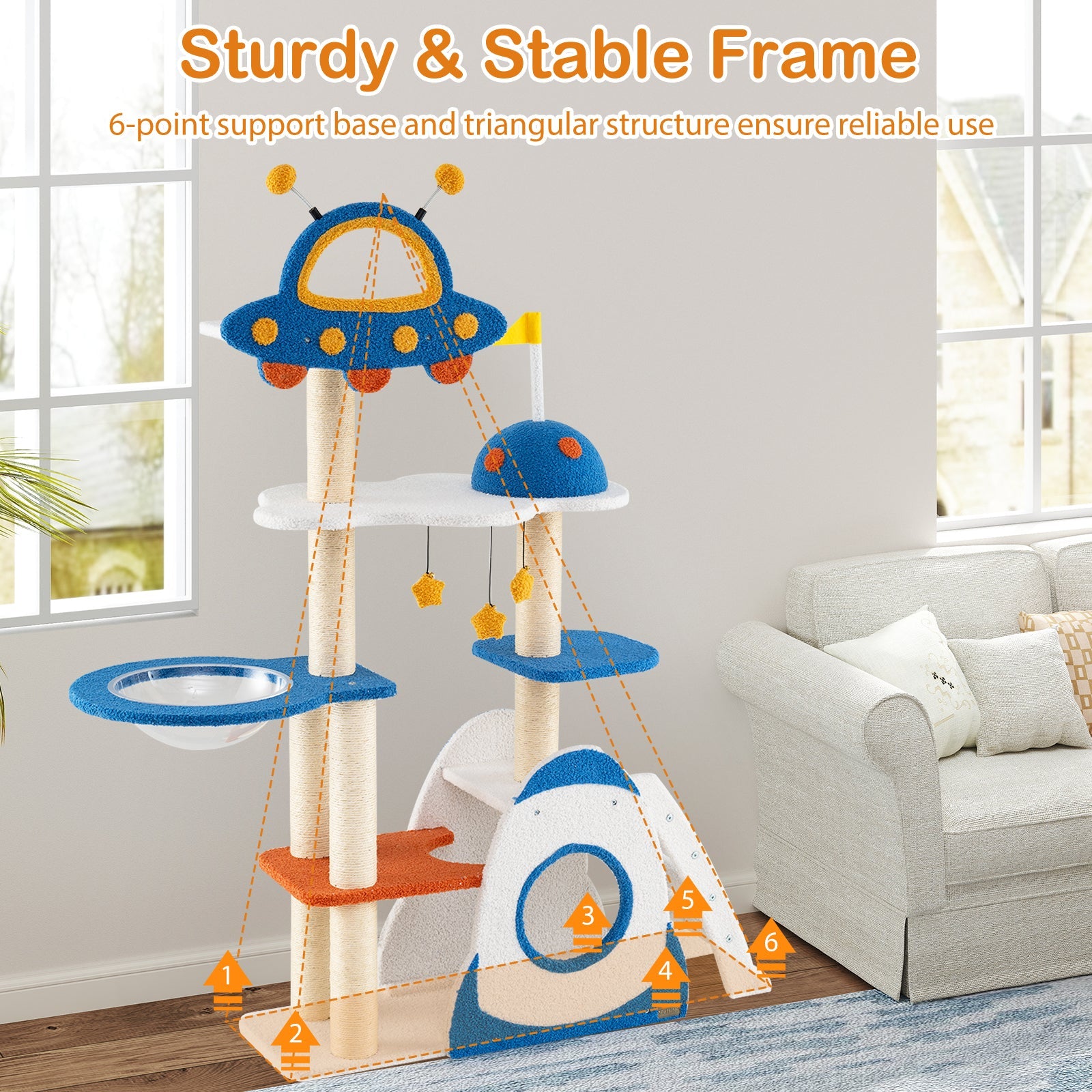 Space Theme Cat Tree Multi-level Cat Tower with Sisal Covered Scratching Posts-Multicolor