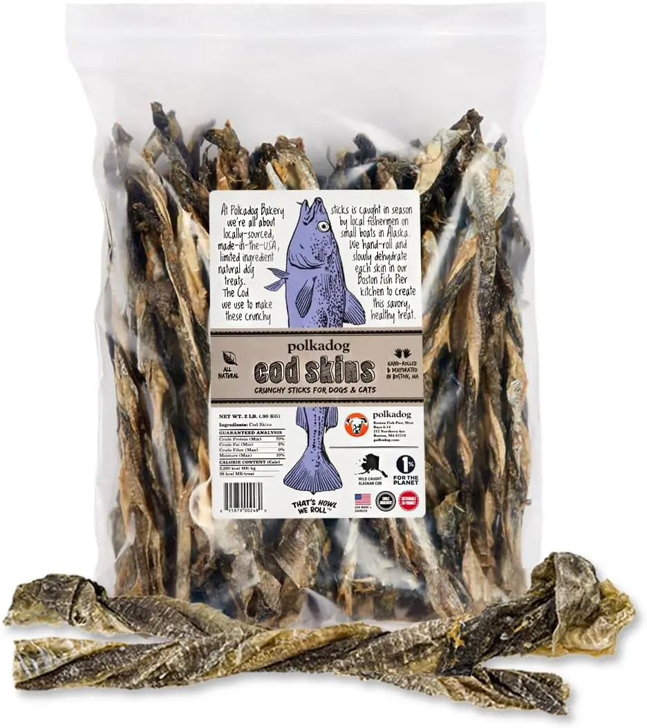 Wild Caught Cod Skins Dog Treats 4.7oz Single Ingredient USA Made