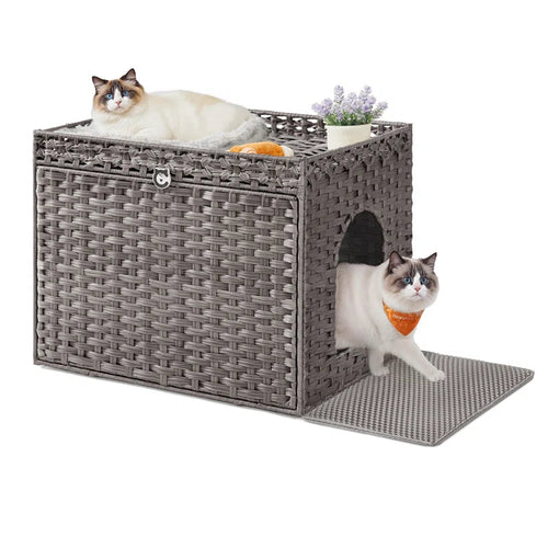 Boho Handwoven Rattan Hidden Litter Box Furniture | Washable Tray & Litter Mat Included