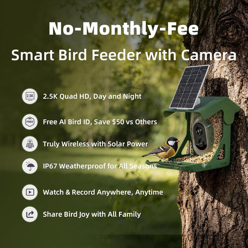 Bird Feeder Camera Solar WiFi 4MP 2.5K AI Motion Detection No Fee