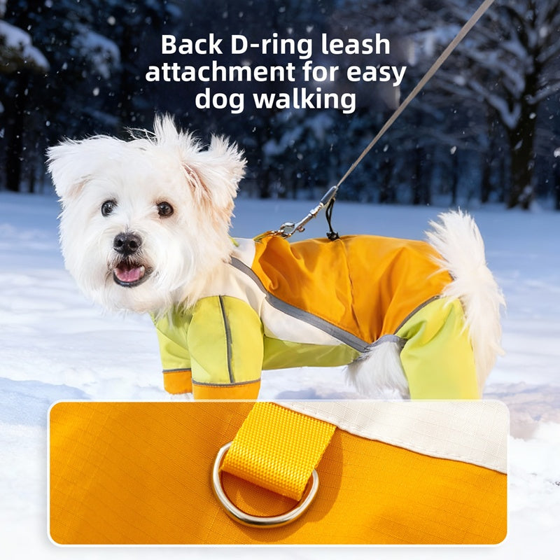 Reflective Color Block Dog Jumpsuit, Waterproof Four-legged Pet Outdoor Coat, Adjustable Design Small Dog Fleece Down Jacket