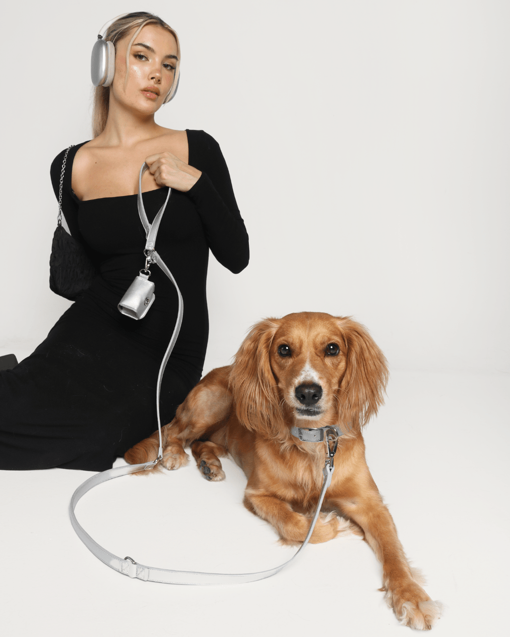 Shine Multiway Metallic Leather Leash & Poop Bag Pouch